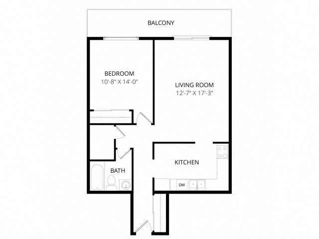 Floor plan for 1 bed, 1 bath, 640 sqft